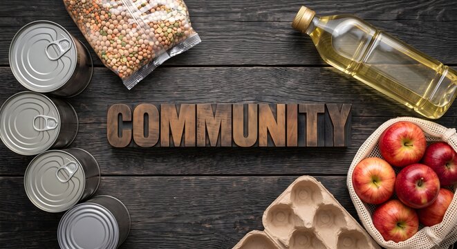 Rustic Wooden Letters Spell "COMMUNITY" with Canned Goods, Grains, and Apples