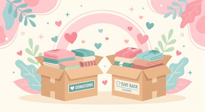 Two Open Cardboard Boxes Labeled "DONATIONS" and "GIVE BACK" with Folded Clothes