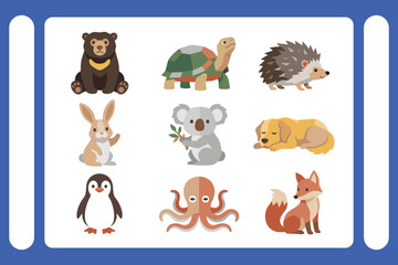 Fototapeta premium Cute Wild Animals Flat Vector Icon Set with Bear and Fox