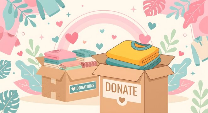 Illustrated Cardboard Boxes Labeled "DONATE" Filled with Folded Clothes