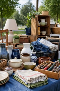 Secondhand items displayed on a table at an outdoor swap meet. Vintage pottery, folded linens, and old tools for sale at a flea market