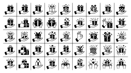 Obraz premium Set of gift box icons held in hands, collection of presents and delivery symbols for celebration and shopping commerce