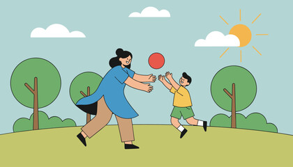 Fototapeta premium Caring mother plays ball with her young son outdoors in a green park on a sunny day with trees and a bright sun.