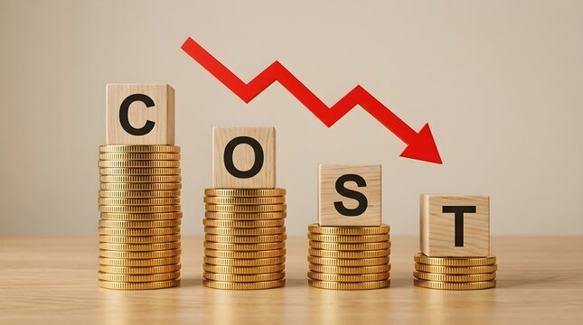 Stacked gold coins spelling the word cost with a red downward arrow representing financial budget reduction and price decrease.
