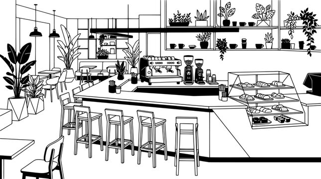 Modern coffee shop interior with espresso machine, pastry display case and house plants, black and white line art vector illustration