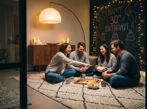 Warm evening documentary scene of friends in a living room at a birthday party playing party games on a rug