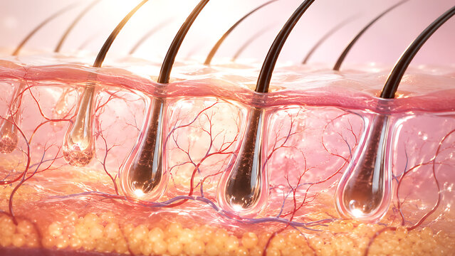 Close up skin cross section with hair follicles, blood vessels, and subcutaneous tissue, illustrating hair growth anatomy, dermatology research, and medical education.