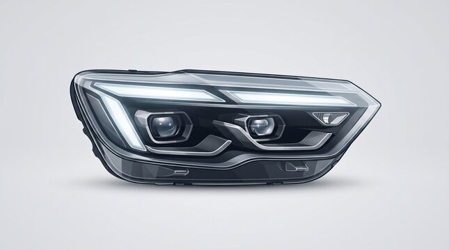 Modern car LED headlight with sleek automotive contours and elegant geometric details in a clean contemporary flat design illustration.