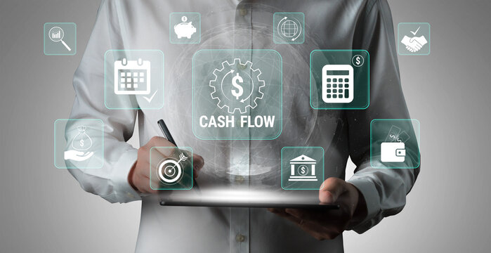 Businessman Analyzing Cash Flow with Digital Icons Representing Financial Management and Data Analysis Tools in Modern Workspace Environment. Glyphic.