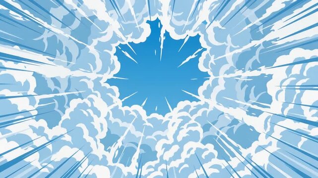 Anime manga style hyperspace cloud tunnel with blue sky and dynamic speed lines, cinematic 2D motion background for sci-fi travel and warp speed animation