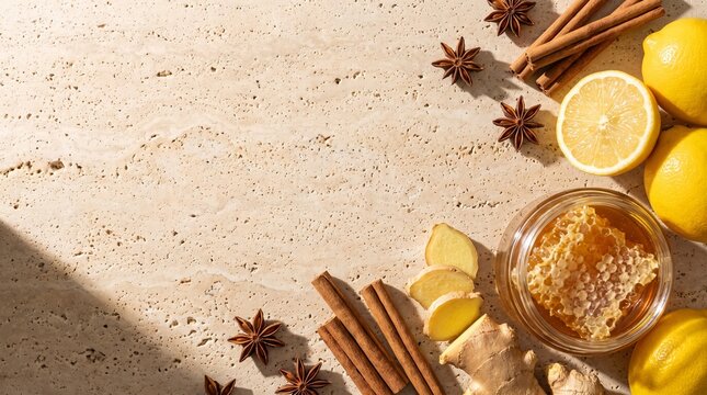 Flat lay of natural winter immunity boosters with raw honey fresh ginger and citrus on travertine