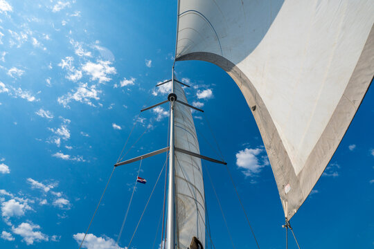 Curved white sail towering above a sailing yacht under a blue sky. Wind powered sailing and freedom on the open sea.