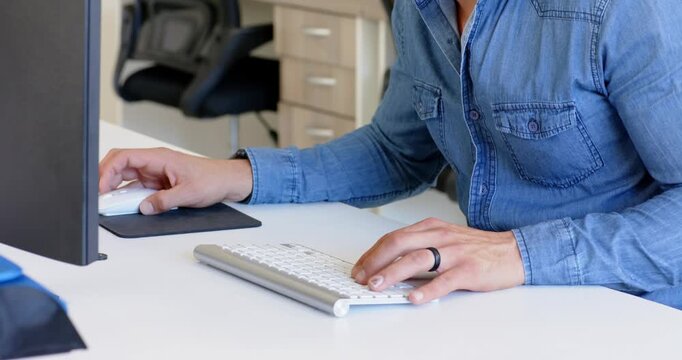 Lifestyle videos indoor of people doing activities at office, using computer mouse and keyboard, per