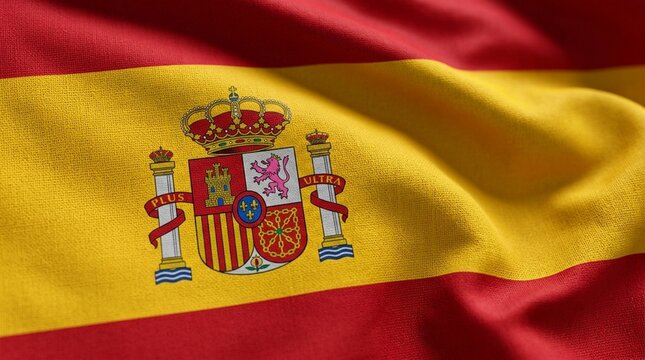 Waving spain flag background with official coat of arms