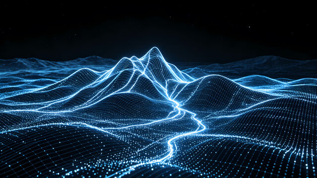 Digital Waveform Landscape with Glowing Blue Light Elements