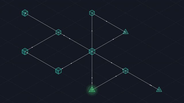 Isometric network diagram with connections and nodes representing data flow and system architecture