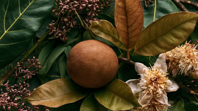 A botanical composition featuring sapodilla fruit surrounded by lush tropical leaves and flowering branches
