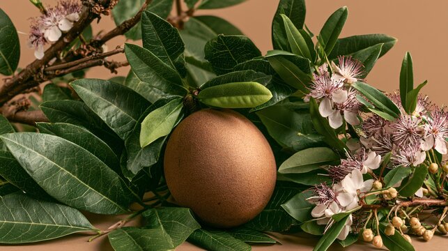 A botanical composition featuring sapodilla fruit surrounded by lush tropical leaves and flowering branches