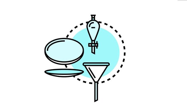 Scientific instruments and chemical solutions concept, with laboratory glassware including a separatory funnel, petri dish, and standard funnel for experiments and research