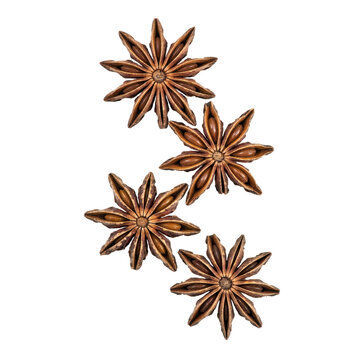 Four dried star anise spice pods arranged in a vertical column pattern isolated on a transparent background