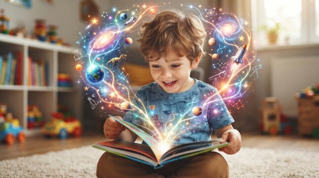 Child boy reading book with magical glowing planets and stars emerging from pages. Fantasy space education and imagination concept. Creative learning and dream of toddler in nursery.