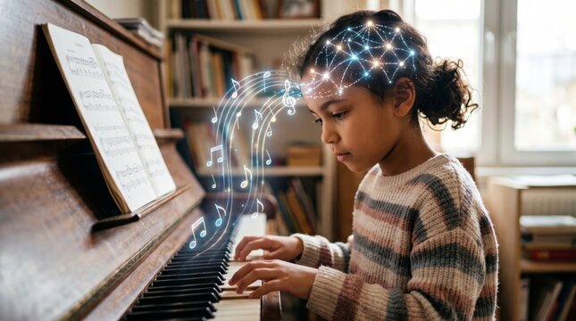 Girl playing piano with digital neural network and music notes visualization above head. Conceptual illustration of brain development through music, creativity, and learning process.