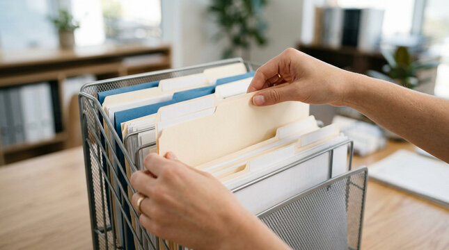 Hand Organizing Manila Folders in Office File Holder