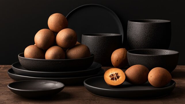A dark editorial composition showcasing sapodilla fruit on matte black ceramics illuminated by dramatic directional lighting