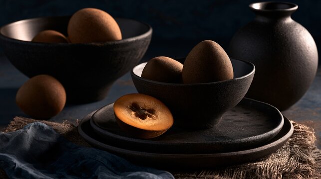 A dark editorial composition showcasing sapodilla fruit on matte black ceramics illuminated by dramatic directional lighting