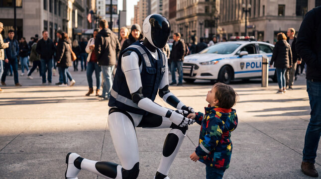 Humanoid Robot Interacts with Child: A humanoid robot kneels to interact with a young child on a bustling city street, with a police car in the background.