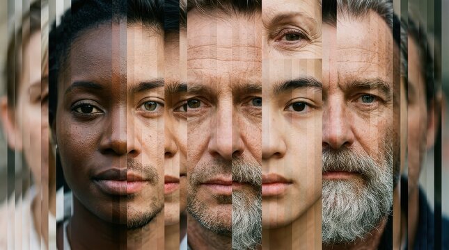 Diverse Human Faces Composite Image Representing Unity, Inclusion, and Global Community in Vertical Striped Pattern