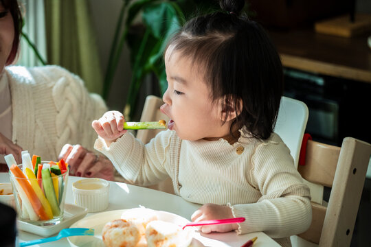 Asian Toddler Baby Girl Eating Cucumber Stick Sitting in High Chair at Table