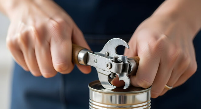 Hands using manual can opener, cooking preparation with metal kitchen tool, canned food concept, close up of meal preparation, using wooden handle device