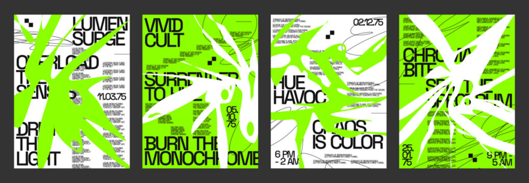 Lime green monochromatic poster set design, High contrast explosion shape bold stencil, Punk zine style graphic visual layout collection, Brutalist flyer template background bundle