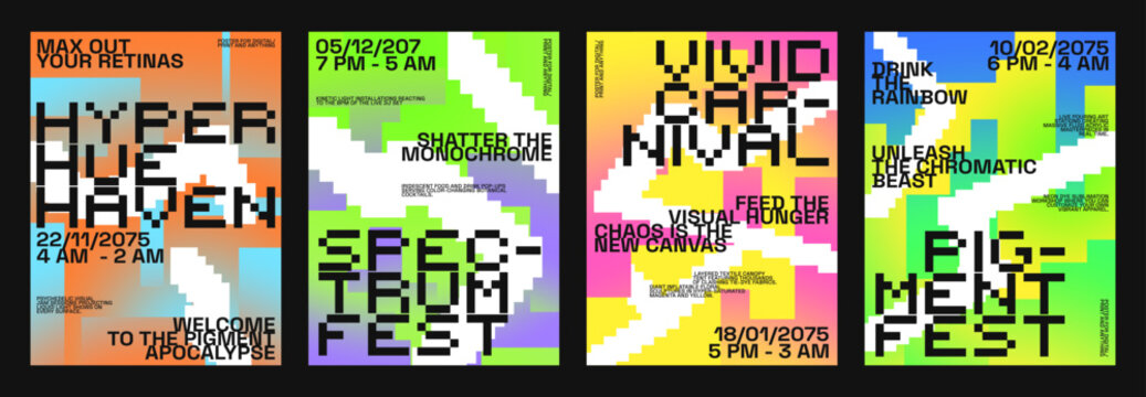 Vibrant glitch mosaic poster set festival design, High contrast pixel art bold typography collection, Digital rave background tech gaming graphic, Electronic music party flyer template layout bundle