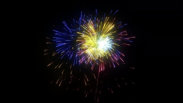 Colorful fireworks burst outward with glowing sparks on transparent background