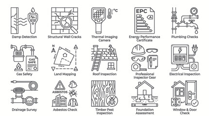 Fototapeta premium Home inspection services and building survey icons.