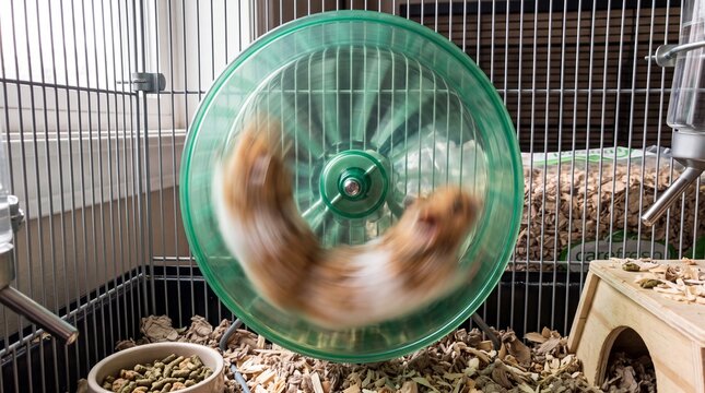 Hamster Running Fast on Exercise Wheel in Cage