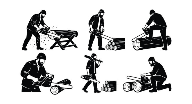 Silhouettes of lumberjacks operating chainsaws vector illustration on white background