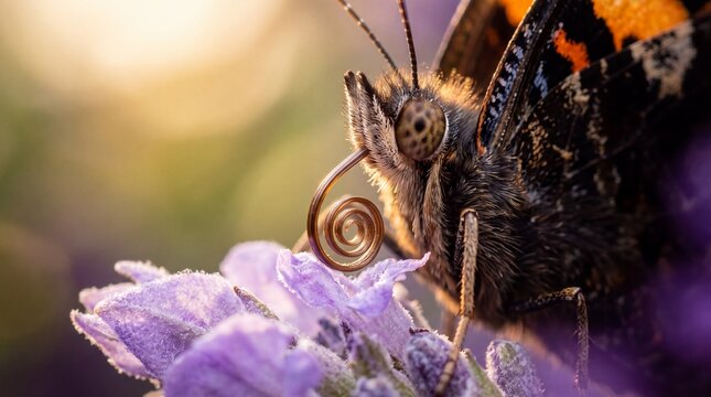 Macro Close-up of Butterfly with Coiled Proboscis on Flower