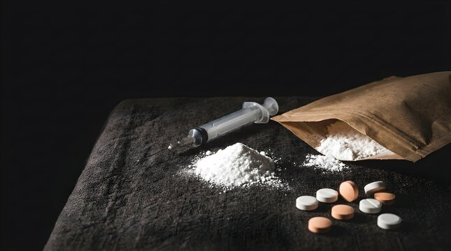 Illicit narcotics and drug paraphernalia including white powder, syringe, and pills on dark background, representing addiction and social issues.