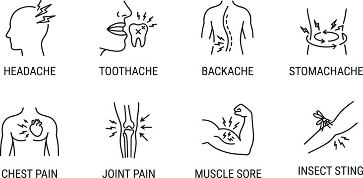 Body Pain Symptoms Icon Set with Headache, Toothache, Backache, Chest Pain, and Muscle Sore VectorBody Pain Symptoms Icon Set with Headache, Toothache, Backache, Chest Pain, and Muscle Sore Vector