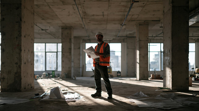 Engineer Holding Blueprints in Unfinished Construction Building