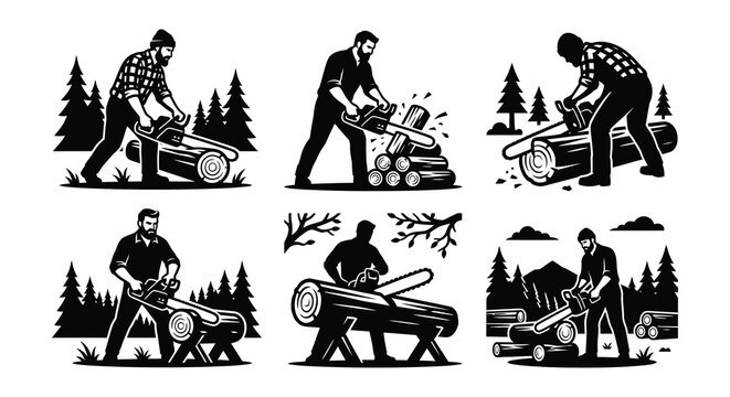 Silhouettes of lumberjacks operating chainsaws vector illustration on white background