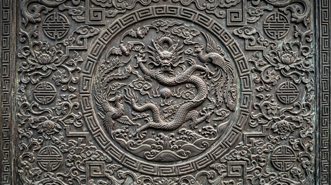 Ancient Chinese Dragon and Phoenix Bronze Relief Carving