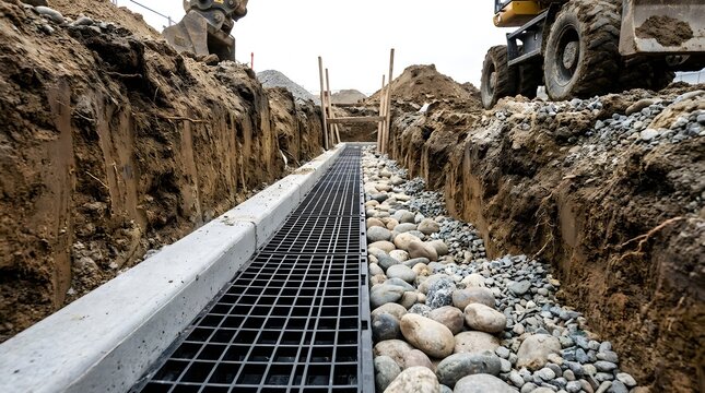 Installation of concrete drainage channel with metal grate in construction trench with heavy machinery and river stones.
