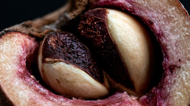 A macro study emphasizing the intricate seed structure and smooth flesh textures found inside sapodilla fruit