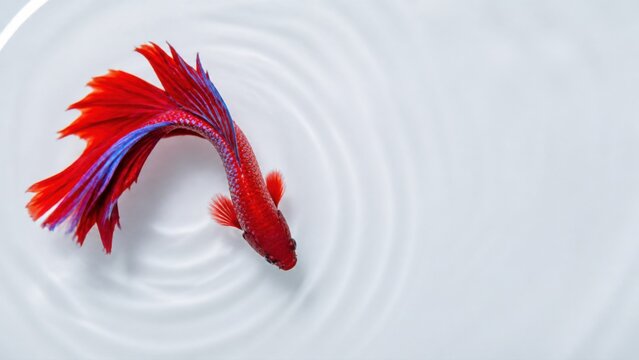 Vibrant Red Betta Splendens Swimming in Clear White Water Creates Gentle Ripples During Elegant Movement Captured from an Elevated Top View Perspective
