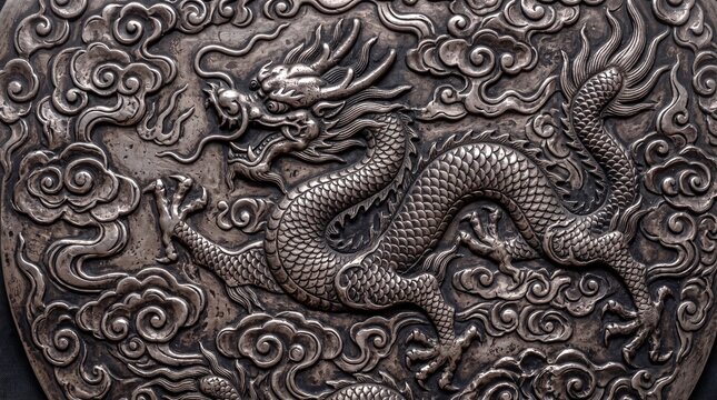 Antique Chinese Dragon Relief Carving on Silver Metal