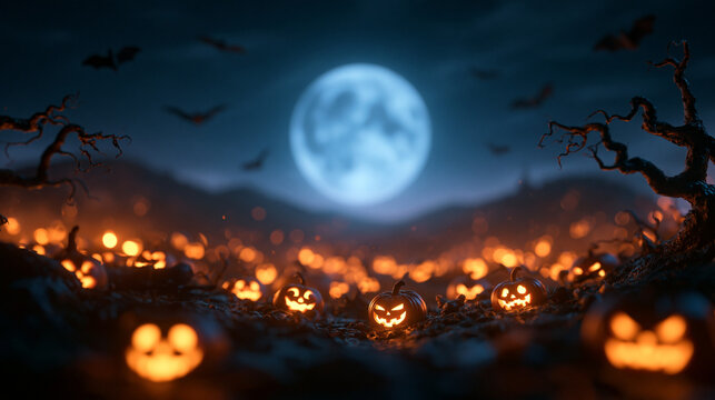 Glowing Halloween Pumpkins Under Full Moon at Night